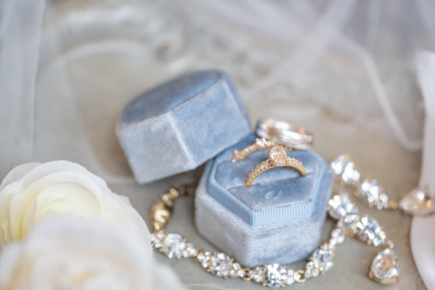 Engagement rings in a blue box circled with a diamond bracelet on white background. Photographed by Caroling MacDonald Photography.